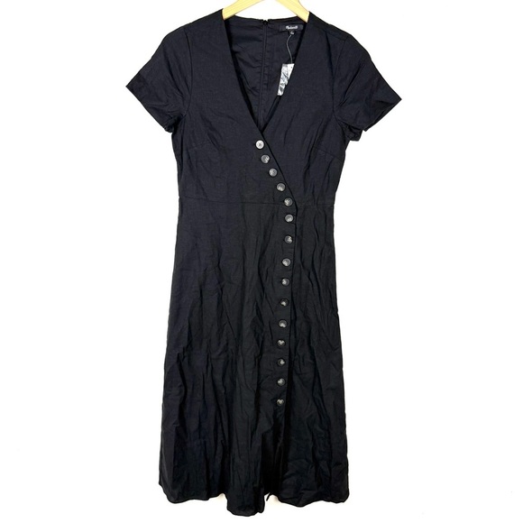 Madewell Linen-blend button-wrap midi dress in Black - Picture 5 of 12